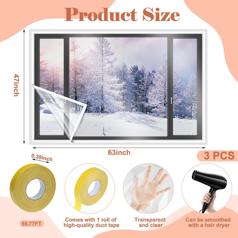Chivertion 3 Pcs Window Insulation Kit Total 63 × 141 Inches Cuttable Transparent Film with Adhesive Straps Pof Shrink Film Window Plastic for Patio Winterizing Thicken Warm Winter Waterproof Insulation Cover - Image 2